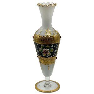 Bohemian White Art Glass Hand Blown Hand Painted Applied Flowers Gilded Vase